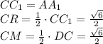 CC_1=AA_1\\CR=\frac12\cdot CC_1=\frac{\sqrt6}2\\CM = \frac12\cdot DC=\frac{\sqrt6}2