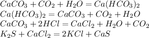 CaCO_3+CO_2+H_2O=Ca(HCO_3)_2\\Ca(HCO_3)_2=CaCO_3+CO_2+H_2O\\CaCO_3+2HCl=CaCl_2+H_2O+CO_2\\K_2S+CaCl_2=2KCl+CaS