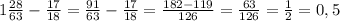 1\frac{28}{63}-\frac{17}{18}=\frac{91}{63}-\frac{17}{18}=\frac{182-119}{126}=\frac{63}{126}=\frac{1}{2}=0,5