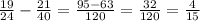 \frac{19}{24}-\frac{21}{40}=\frac{95-63}{120}=\frac{32}{120}=\frac{4}{15}