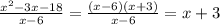 \frac{x^2-3x-18}{x-6}=\frac{(x-6)(x+3)}{x-6}=x+3