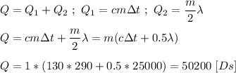 Q = Q_{1} + Q_{2} \ ; \ Q_{1} = cm\Delta t \ ; \ Q_{2} = \dfrac{m}{2} \lambda \\ \\ Q = cm\Delta t + \dfrac{m}{2} \lambda = m(c\Delta t + 0.5\lambda) \\ \\ Q = 1 * (130*290+0.5*25000) = 50200 \ [Ds]