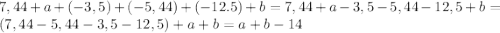 7,44+a+(-3,5)+(-5,44)+(-12.5)+b=7,44+a-3,5-5,44-12,5+b=(7,44-5,44-3,5-12,5)+a+b=a+b-14