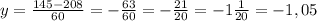 y=\frac{145-208}{60}=-\frac{63}{60}=-\frac{21}{20}=-1\frac{1}{20}=-1,05