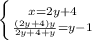 \left \{ {{x=2y+4} \atop {\frac{(2y+4)y}{2y+4+y}=y-1}} \right.