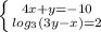 \left \{ {{4x + y = -10} \atop {log_3(3y-x) = 2}} \right.