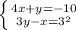 \left \{ {{4x + y = -10} \atop {3y - x = 3^2}} \right.