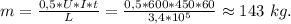 m=\frac{0,5*U*I*t}{L}=\frac{0,5*600*450*60}{3,4*10^5}\approx143\ kg.