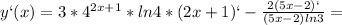 y`(x)=3*4^{2x+1}*ln4*(2x+1)`-\frac{2(5x-2)`}{(5x-2)ln3}=