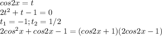 \Large cos2x=t\\2t^2+t-1=0\\t_1=-1; t_2=1/2\\2cos^2x+cos2x-1=(cos2x+1)(2cos2x-1)