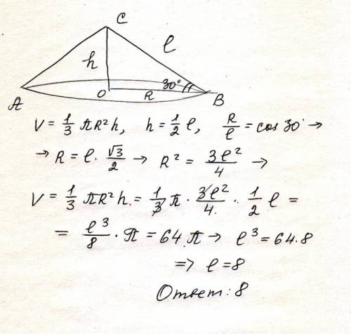 Образующая конуса, объём которого равен 64π куб.ед., наклонена к плоскости основания под углом 30°.