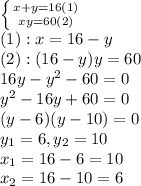  \left \{ {{x+y=16(1)} \atop {xy=60 (2)}} \right. \\(1):x=16-y\\(2):(16-y)y=60\\16y-y^2-60=0\\y^2-16y+60=0\\(y-6)(y-10)=0\\y_1=6,y_2=10\\x_1=16-6=10\\x_2=16-10=6