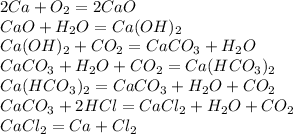 2Ca+O_2=2CaO\\CaO+H_2O=Ca(OH)_2\\Ca(OH)_2+CO_2=CaCO_3+H_2O\\CaCO_3+H_2O+CO_2=Ca(HCO_3)_2\\Ca(HCO_3)_2=CaCO_3+H_2O+CO_2\\CaCO_3+2HCl=CaCl_2+H_2O+CO_2\\CaCl_2=Ca+Cl_2