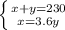 \left \{ {{x+y=230} \atop {x=3.6y}} \right.