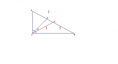 Угол между медианой и биссектрисой,проведенной из вершины прямого угла прямоугольного треугольника р