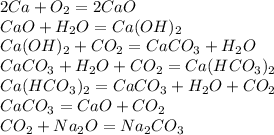 2Ca+O_2=2CaO\\CaO+H_2O=Ca(OH)_2\\Ca(OH)_2+CO_2=CaCO_3+H_2O\\CaCO_3+H_2O+CO_2=Ca(HCO_3)_2\\Ca(HCO_3)_2=CaCO_3+H_2O+CO_2\\CaCO_3=CaO+CO_2\\CO_2+Na_2O=Na_2CO_3