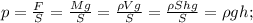 p=\frac F S=\frac {Mg}{S}=\frac {\rho Vg}{S}=\frac {\rho Shg}{S}=\rho gh;