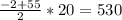 \frac{-2+55}{2}*20=530