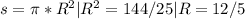 s=\pi*R^2 | R^2= 144/25 | R =12/5