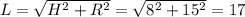 L= \sqrt{H^2+R^2}=\sqrt{8^2+15^2} =17