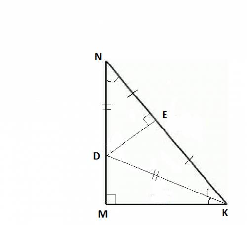 Впрямоугольном треугольнике mnk с гипотенузой nk проведены биссектриса kd и перепендикуляр de к гипо