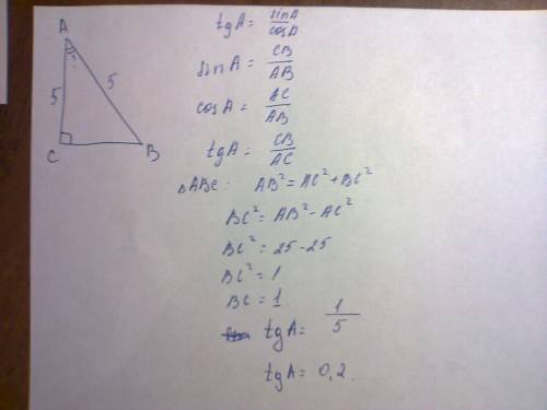 Втреугольнике abc угол c равен 90 градусов.ac=5,ab=5sqrt2.найдите tga