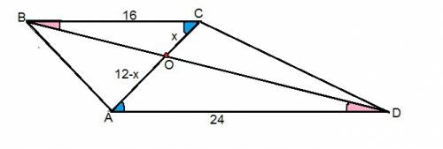 Втрапеции авсд с основаниями ад и вс диагонали пересекаются в точке о.ад=24см,вс=16см,ас=12см.найдит
