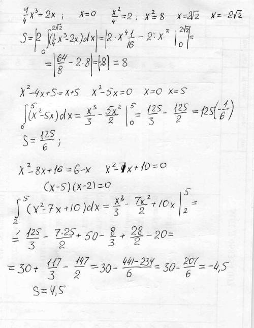 Вычислите площади фигур ограниченных данными линиями y=1/4x^3 y=2x y=x^2-4x+5 x-y+5=0 y=x^2-8x+16 x+