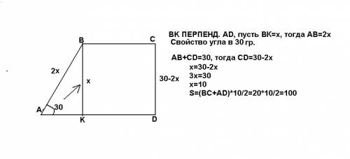 Упрямокутній трапеції сума основ дорівнює 20см,сума бічних сторін- 30см,а один з кутів 30(градусов).