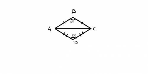 Ввыпуклом четырехугольнике abcd ab=bc,ad=cd,угол b =69 градусов,угол d=135 градусов! найти угол а