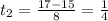 t_{2}=\frac{17-15}{8}=\frac{1}{4} 