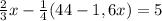 \frac{2}{3}x-\frac{1}{4}(44-1,6x)=5