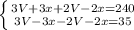 \left \{ {{3V+3x+2V-2x=240} \atop {3V-3x-2V-2x=35}} \right.