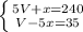 \left \{ {{5V+x=240} \atop {V-5x=35}} \right.