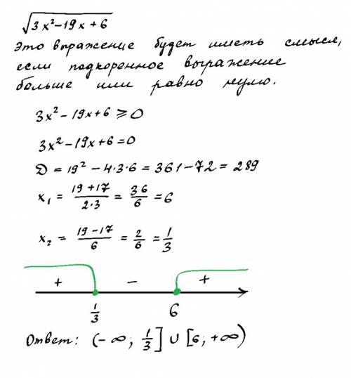 При каких значениях х выражение корень 3х в квадрате-19х+6 имеет смысл?
