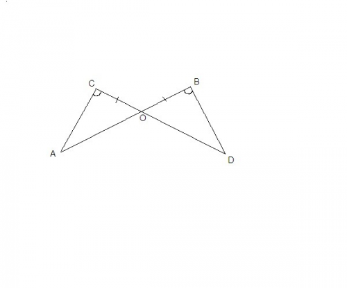 Отрезки ав и сд пересекаются в точке о,ов=ос,и угол в равен углу с.докажите равенство треугольников 