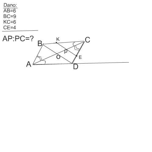 Впараллелограмме авсд ав=6, вс=9. точки е и к лежат соответственно на сторонах вс и сд так, что ск=6