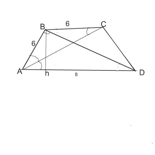 Втрапеции большее основание равно 8, одна из боковых сторон равна 6. известно, что одна из диагонале
