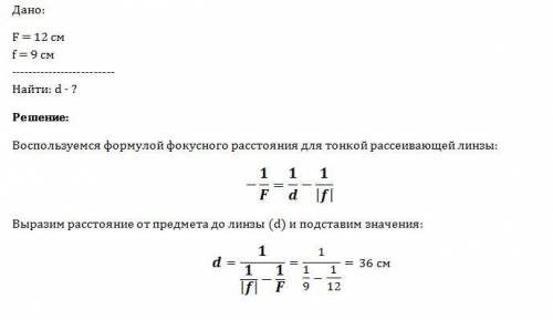 Главное фокусное расстояние рассеивающей линзы равна 12 см.изображение предмета находится на расстоя