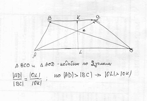 Докажите что расстояние от точки пересечения диагоналей трапеции до меньшего основания меньше чем до