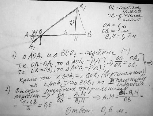 Короткое плечо шлагбаума имеет длину 1 м, а длинное плечо – 3 м. на какую высоту (в метрах) опуститс