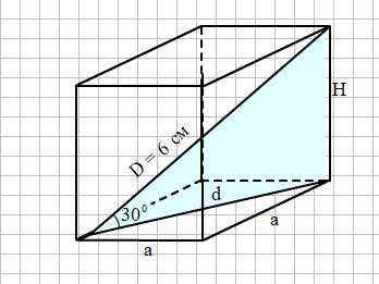 Вправильной четырёхугольной призме диагональ равно 6 см и образует с плоскостью основания угол=30.на