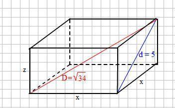 Найти полную поверхность правильной четырехугольной призмы, если ее диагональ равна корень из 34, а 