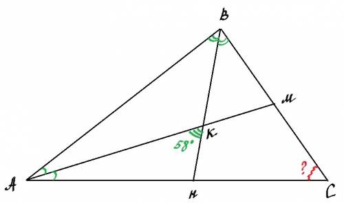 Втреугольнике авс проведены биссекктрисы ам и вн, пересекающиеся в точке к, причем угол акнравен 58 