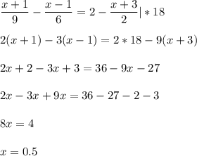 \displaystyle \frac{x+1}{9}- \frac{x-1}{6}=2- \frac{x+3}{2}| *18\\\\ 2(x+1)-3(x-1)=2*18-9(x+3)\\\\2x+2-3x+3=36-9x-27\\\\2x-3x+9x=36-27-2-3\\\\ 8x= 4\\\\x= 0.5