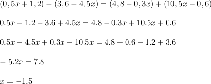 \displaystyle (0,5x+1,2)-(3,6-4,5x)=(4,8-0,3x)+(10,5x+0,6)\\\\ 0.5x+1.2-3.6+4.5x=4.8-0.3x+10.5x+0.6\\\\0.5x+4.5x+0.3x-10.5x=4.8+0.6-1.2+3.6\\\\ -5.2x= 7.8\\\\x=-1.5 