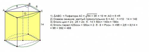 Прямоугольный параллелепипед со сторонами 6 дм и 8 дм и высотой,равной 14 дм, вписан в цилиндр. найд