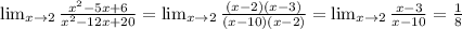 \lim_{x \to 2} \frac{x^2-5x+6}{x^2-12x+20}=\lim_{x \to 2} \frac{(x-2)(x-3)}{(x-10)(x-2)}=\lim_{x \to 2} \frac{x-3}{x-10}=\frac{1}{8} 