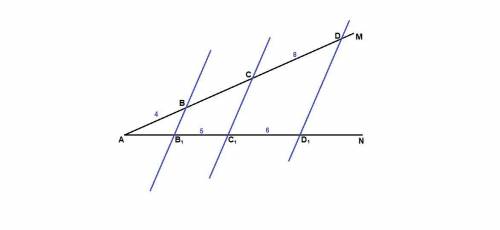 Параллельные прямые l,m и n пересекают стороны угла man.найдите длины отрезков ab1и bd, если ab = 4с