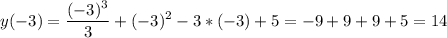 \displaystyle y(-3)= \frac{(-3)^3}{3}+(-3)^2-3*(-3)+5=-9+9+9+5=14 